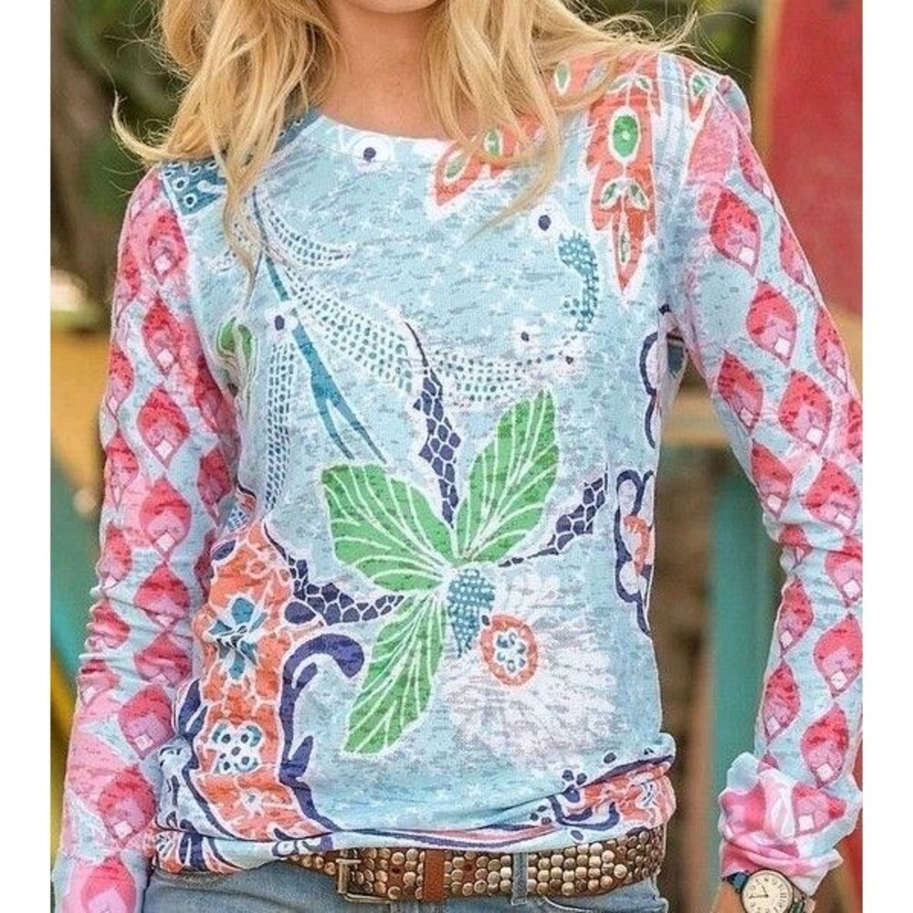 Sundance Whimsy Rose Shirt Womens Medium Floral Paisley Crew Neck Long Sleeve